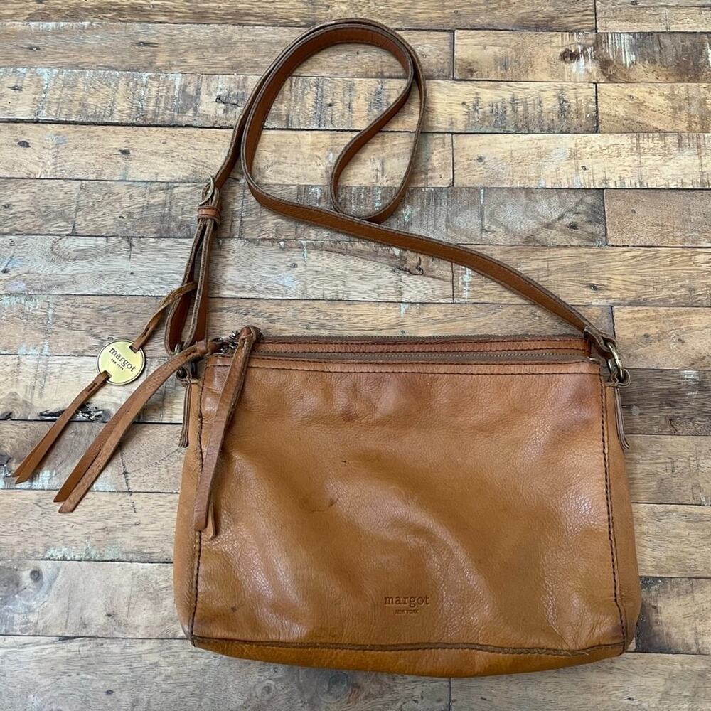 Margot New York Double Zip Tan Leather Crossbody Bag Purse